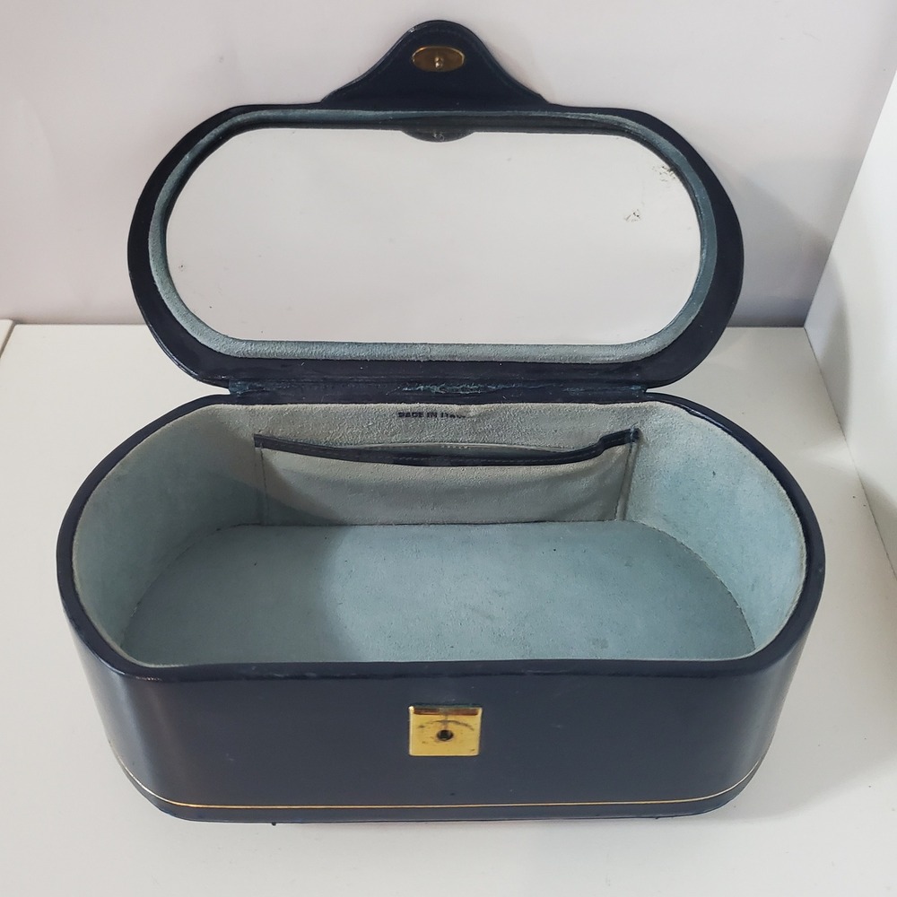 Vintage Lennox Bags Navy Blue Leather Vanity Train Case Italy Gold Trim Mirror